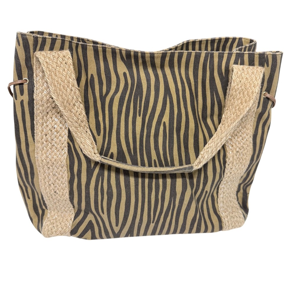 Kooba Zebra Print Canvas Tote Bag Tan Black Woven Raffia Straps Shoulder Bag